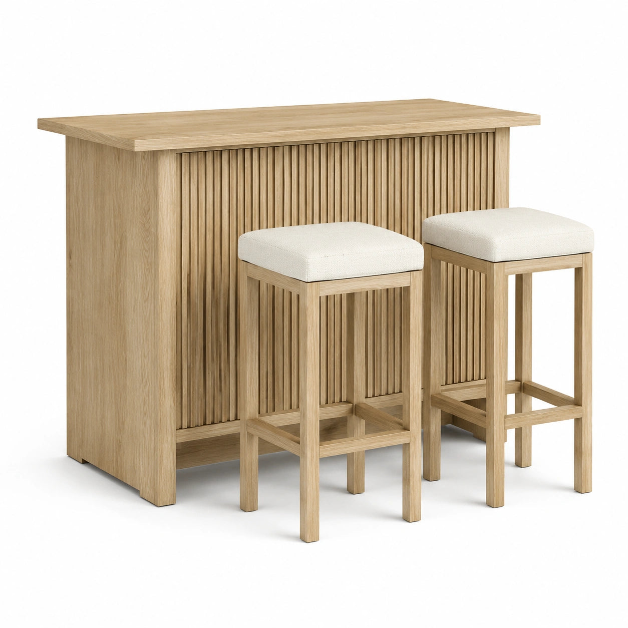 Bartisch-Set aus Eichenholz mit zwei weißen Hockern