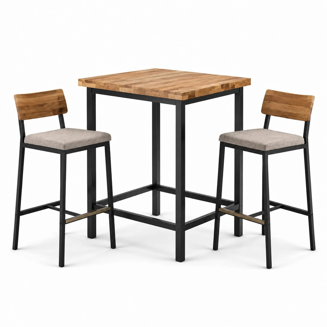 Metall-Bartisch-Set mit 2 Hockern Eichenholz