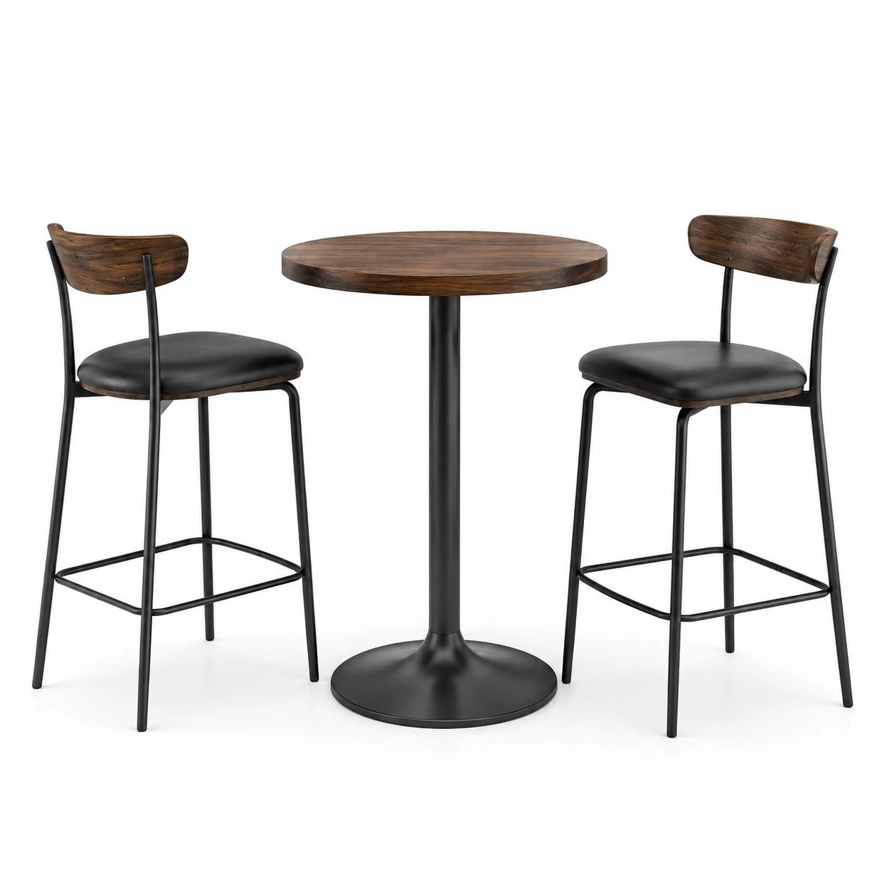Runder Bartisch-Set Holz mit Metallhockern Braun/Schwarz