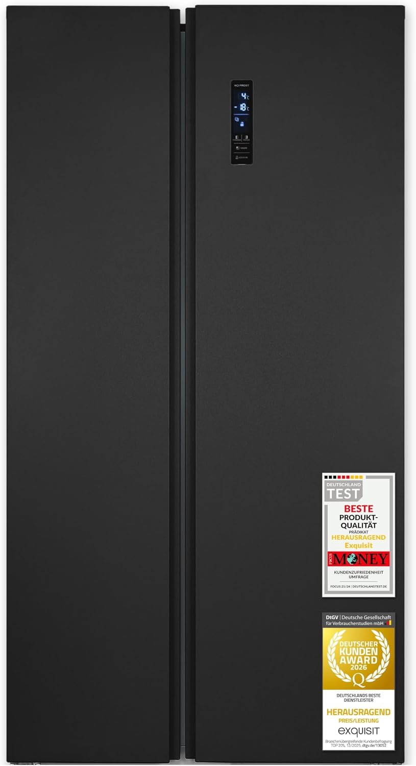 Exquisit Side-by-Side-Kühlschrank, 4-Sterne-Gefrieren, SBS546-040E inoxlook-az, 442 Liter, Kühl-Gefrierkombination, NoFrost, Schnellgefrieren, Alarm