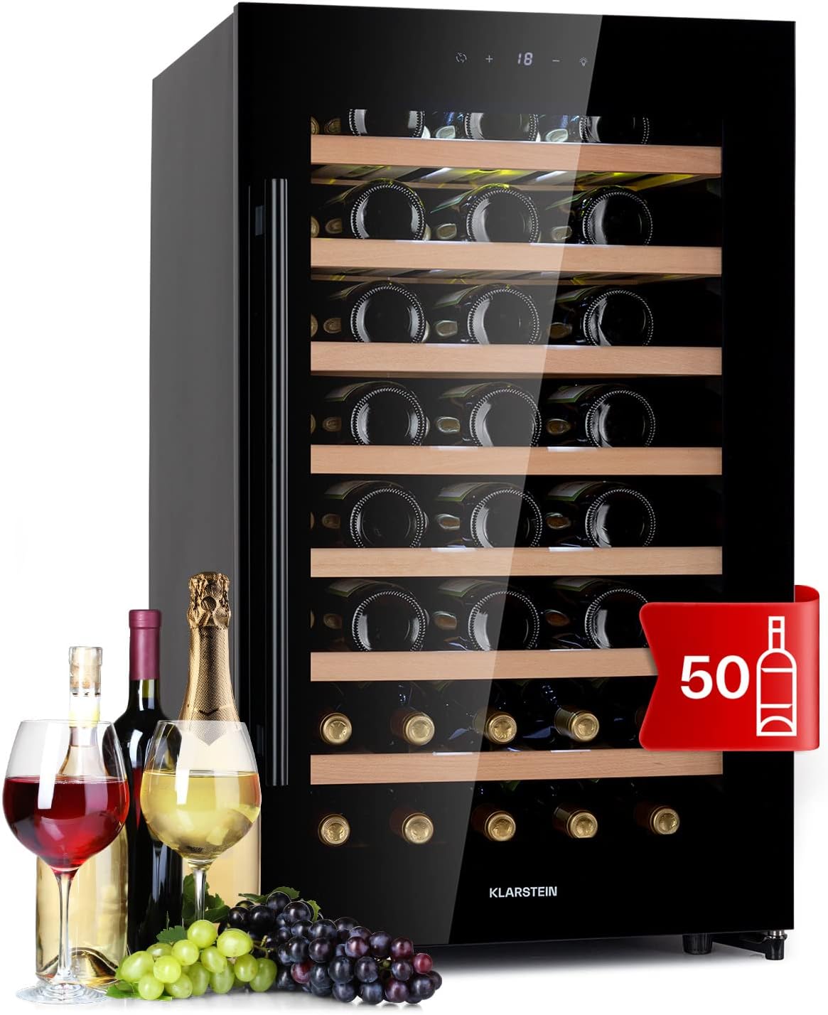 Klarstein Weinkühlschrank Freistehend, Kühlschrank Klein mit UV-Schutz, 5-18°C, 1 Zone Weinkühlschrank mit Glastür, Kleiner Getränkekühlschrank Schmal