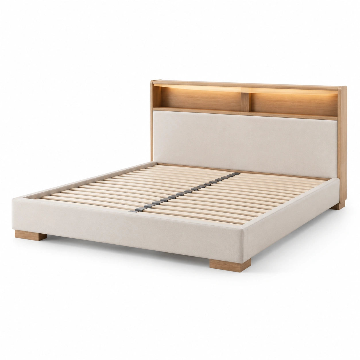 Doppelbett mit Stauraum und Beleuchtung Massivholz Beige 200x180 cm