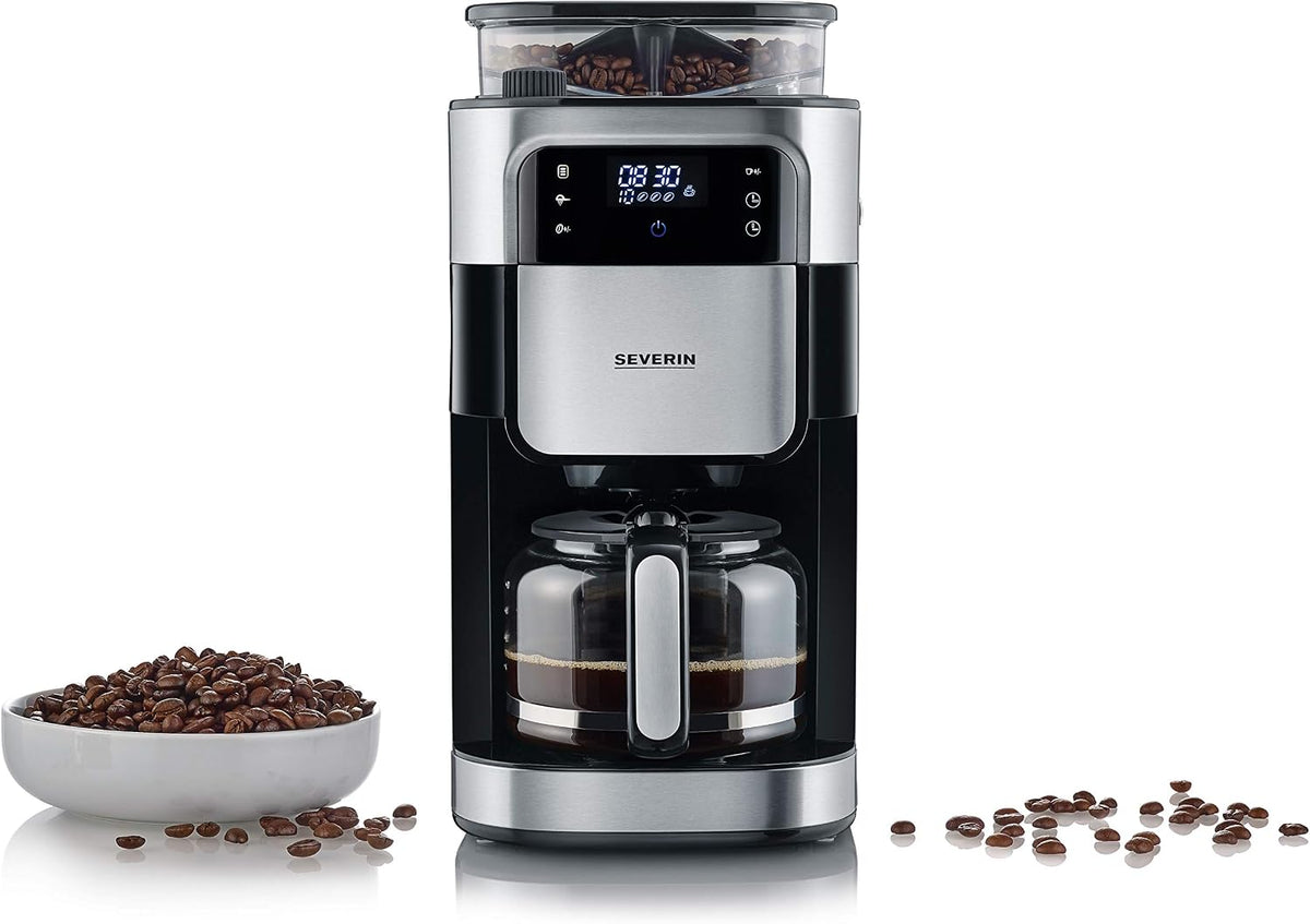 Severin Kaffeemaschine mit Mahlwerk, Kaffeeautomat mit Glaskanne und Timer-Funktion, für bis zu 10 Tassen Kaffee, auch als Filterkaffeemaschine