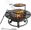 Relaxdays Feuerschale, Ø 92 cm, 2 verstellbare Grillroste, Deckel, Schürhaken & Abdeckung, Feuerstelle Garten, schwarz