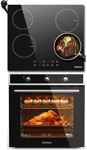 Karinear Einbau-Küchenset, 60 cm Induktionskochfeld 4 Platten 3500W & 60L Backofen Umluft 2200W, 220-240V mit Stecker, Touch/Drehknopf, Timer