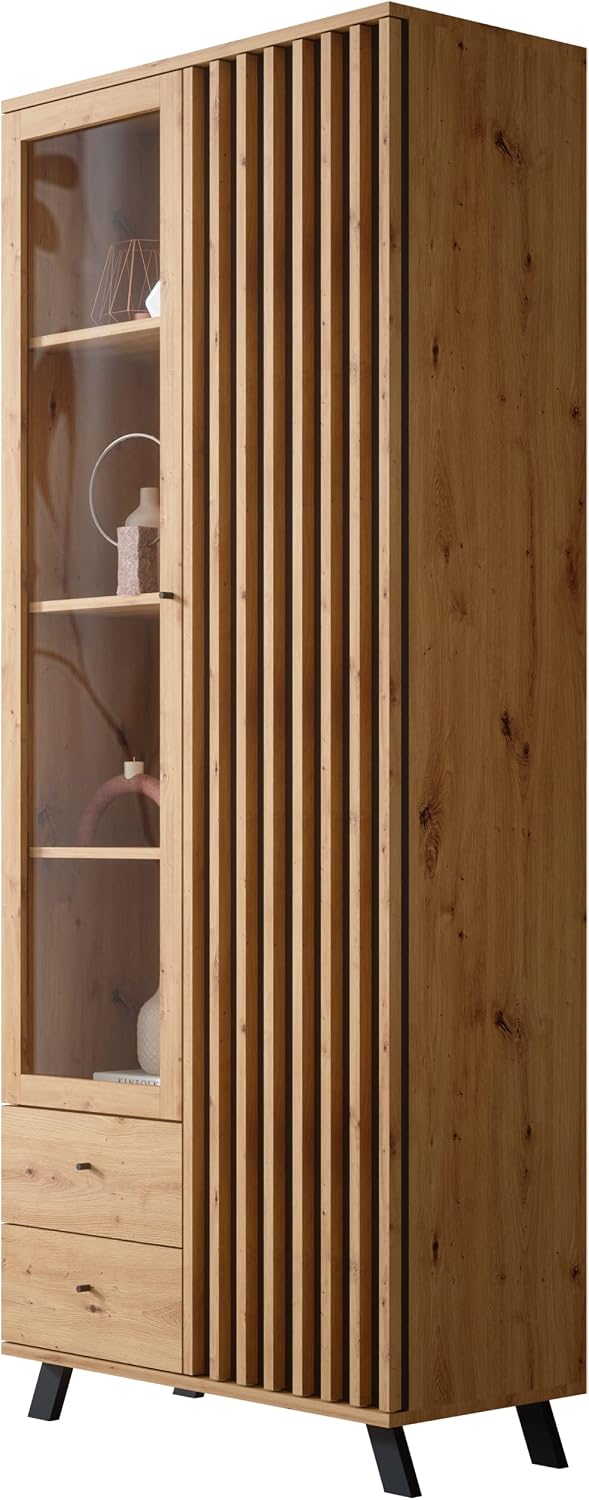Newroom Vitrine Wildeiche Anthrazit Standvitrine Modern Vintage, 92x198x40 cm (BxHxT), Vitrinenschrank Glasvitrine Highboard