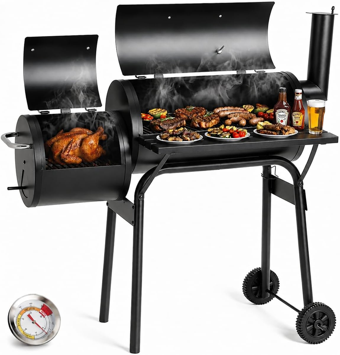 TLSUNNY Holzkohlegrill mit 2 Kammern, BBQ Smoker Grill mit Schornstein