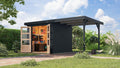 Karibu Gartenhaus Hollywood aus Metall + Holz, optional mit Anbaudach (terragrau, mit Anbaudach), in 2 Größen und 3 Farben, XL