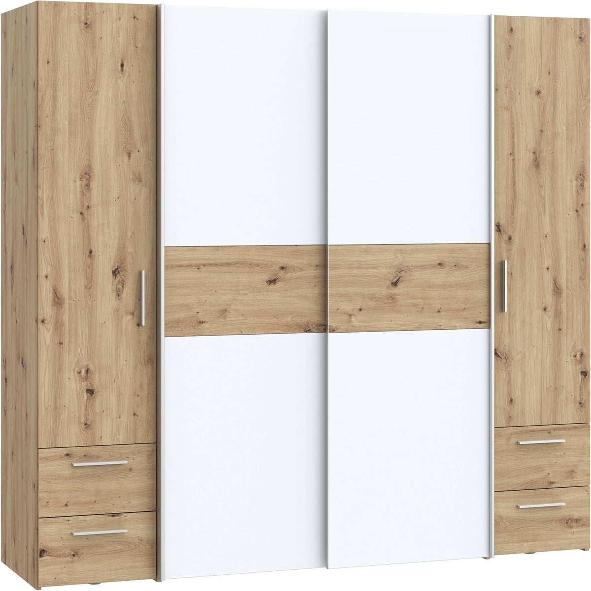 Forte Möbel Kapaza klassischer Kleiderschrank 200, 200,1 cm breit, 190,5 cm hoch, 61,2 cm tief, Schwebetürenschrank mit 4 Schubladen, Dreh, Weiß