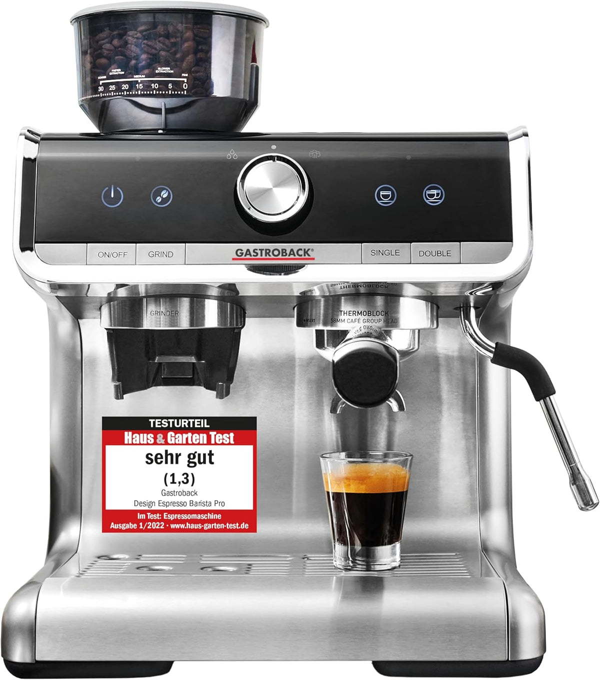 GASTROBACK Espresso Siebträgermaschine mit Mahlwerk inkl. Milchkännchen, Barista Kaffeemaschine mit Milchschäumer, Tamper und Edelstahl Siebträger