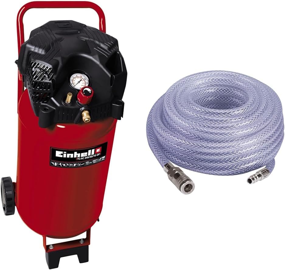 Einhell Kompressor TC-AC 240/50/10 OF (1500 W, 240 l/min Ansaugl., 50 l Kessel, inkl. 15 m Gewebeschlauch), 10 bar max. Betriebsdruck, Druckminderer