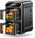 Heißluftfritteuse 2 Kammern übereinander 11L, 2460W, 2×5,5L Airfryer mit Sichtfenster, platzsparende vertikale Doppelkammer, SYNC & DUAL, 9 Programme
