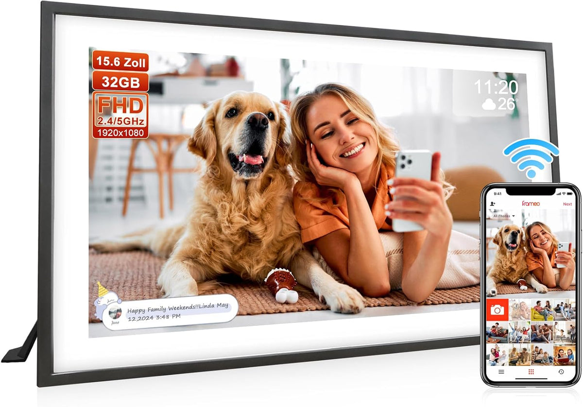Digitaler Bilderrahmen Groß,15.6 Zoll Frameo Digital Photo Frame, Elektronischer Bilderrahmen Tisch- und Wandmontage, 32 GB, Bildvideo teilen