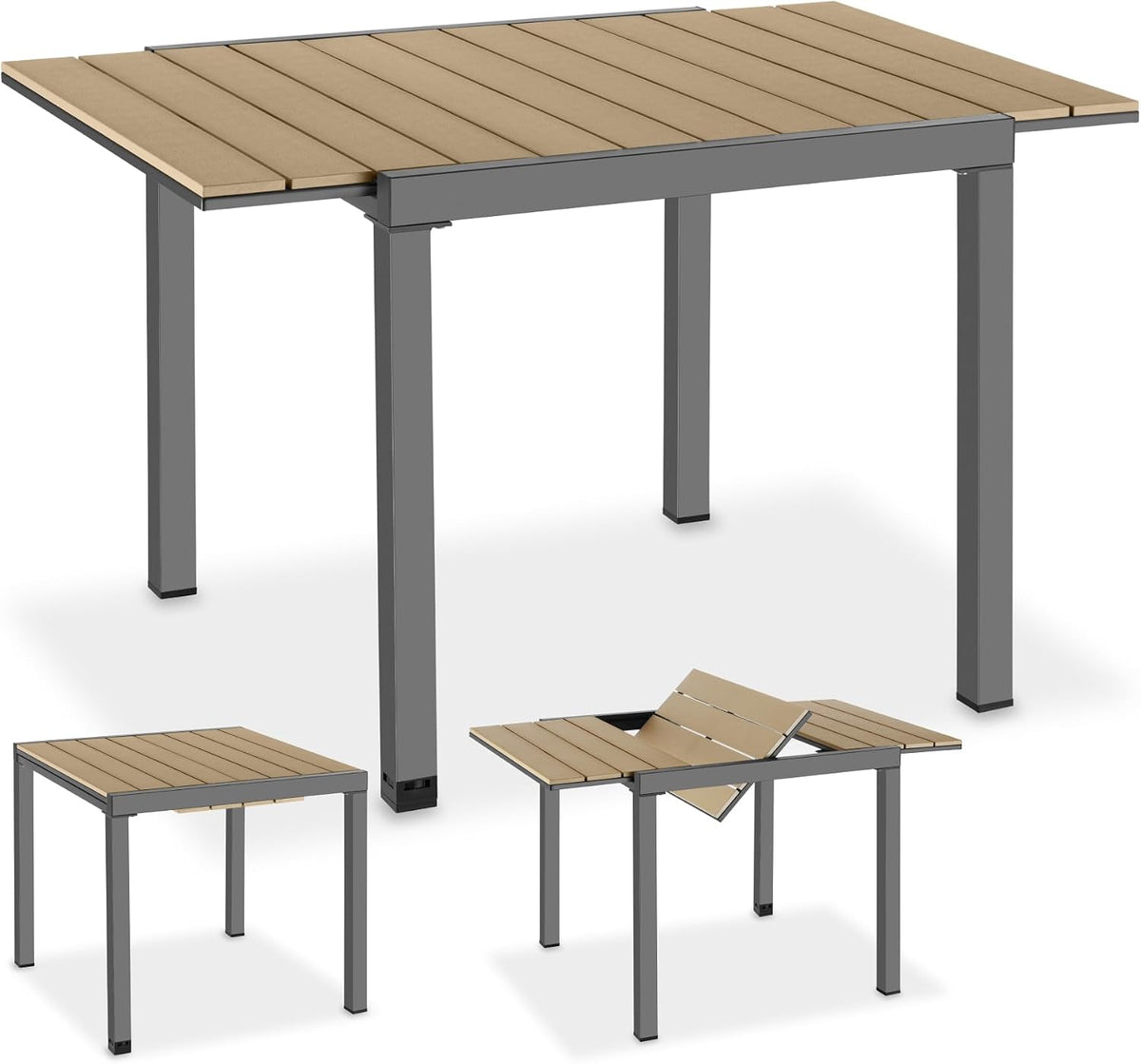 tectake Aluminium Gartentisch für 4-6 Personen, 80–120 x 80 x 74 cm, Belastbarkeit 160 kg, ausziehbar, pflegeleicht, Holzoptik, Outdoor wetterfest