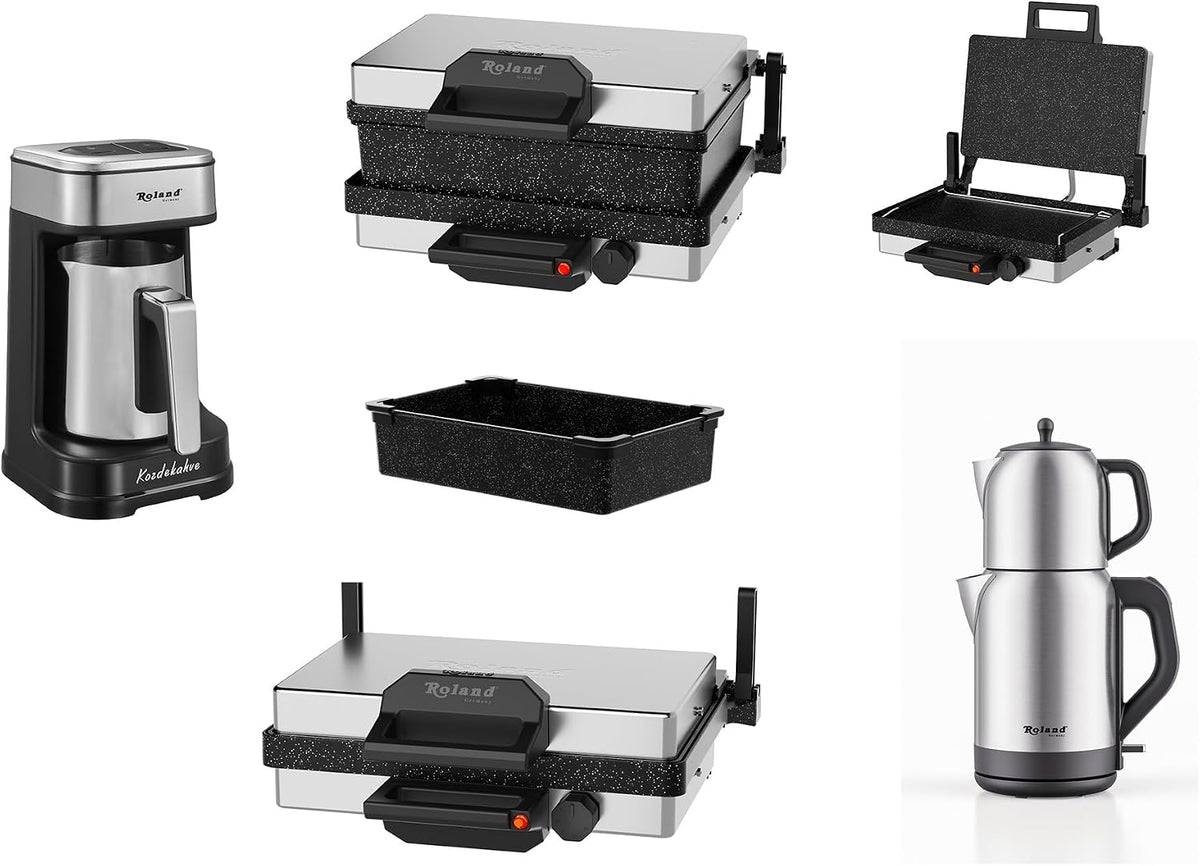 Multigrill, 2000W Elektro-Kontaktgrill, 340x220mm Grillplatten, 5-Stufen Temperaturregelung, für Lahmacun, Schwarz, Fleisch, Toast und Gemüse