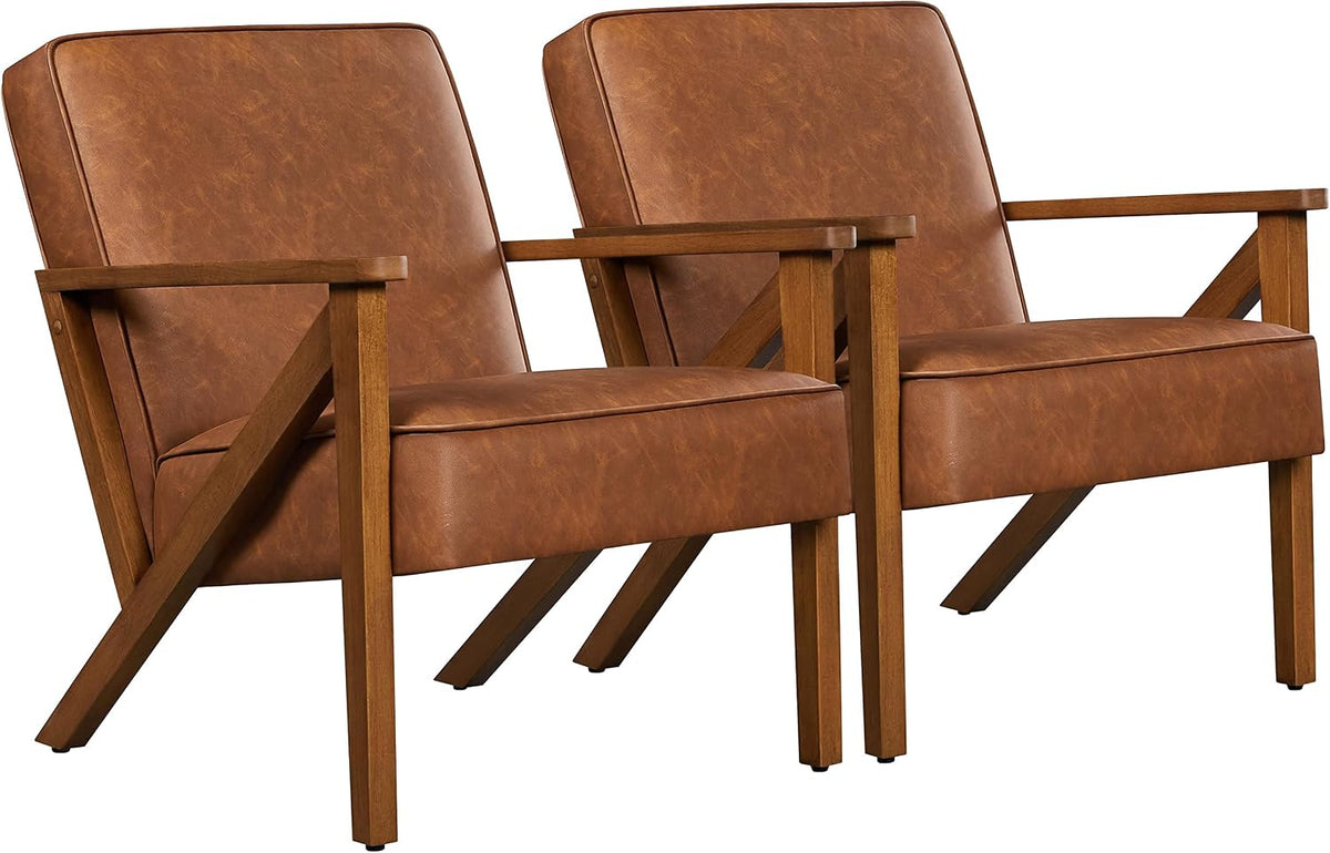 Yaheetech Loungesessel 2er Set Sessel Vintage Relaxsessel Kunstleder mit Massivholzbeinen Einzelsofa für Wohnzimmer/Schlafzimmer/Empfangsbereich