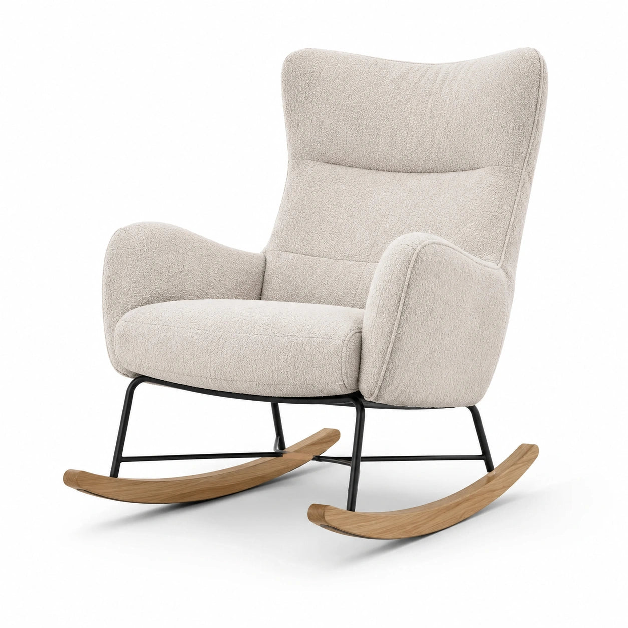 Schaukelstuhl aus Boucléstoff mit Holzgleitern und Metallrahmen, Beige