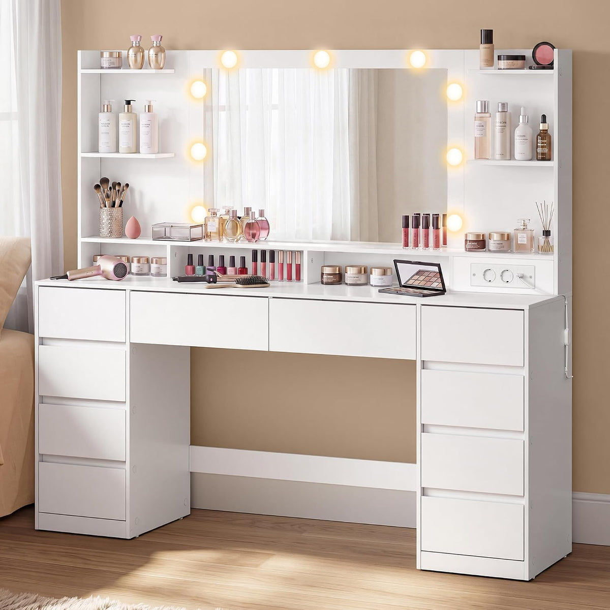 VASAGLE Schminktisch mit Spiegel und Beleuchtung, 10 Schubladen