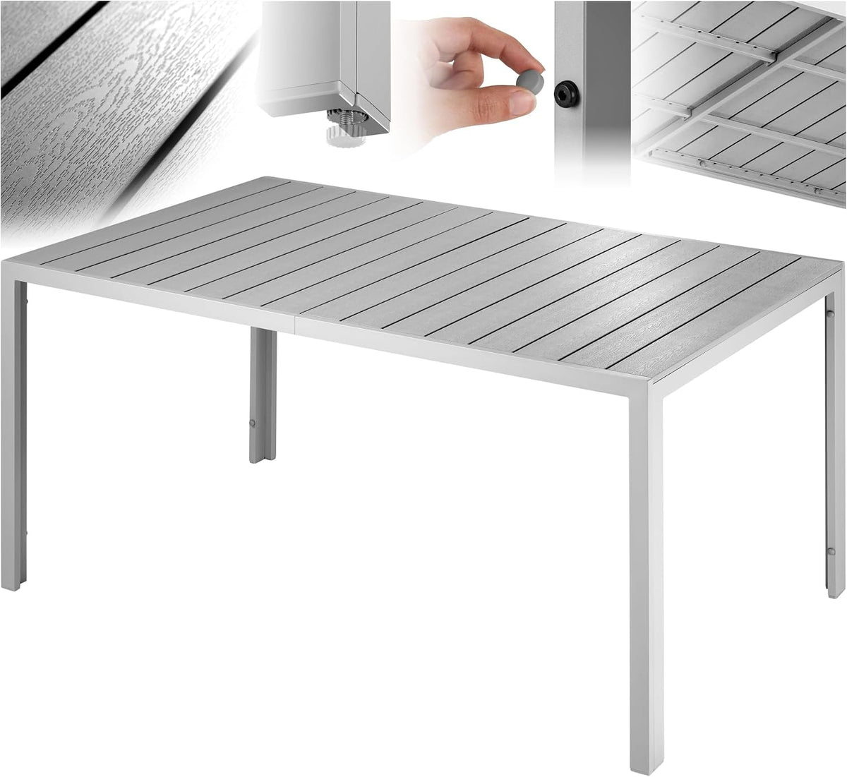 tectake Gartentisch, Tisch für Garten, 150 x 90 x 74,5 cm, Terrassentisch mit Aluminiumrahmen, Outdoor Esstisch, Balkontisch in Holz Optik, Lounge