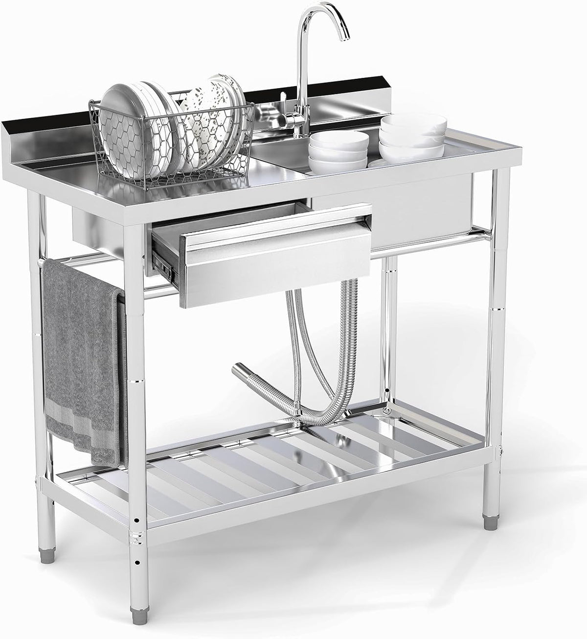 Trintion Freistehende Edelstahl Spültisch, Innen- und Außenspüle (99cm), 1 Becken mit Linke Schublade, für Waschküche, Wasserhahn, Bauernhaus