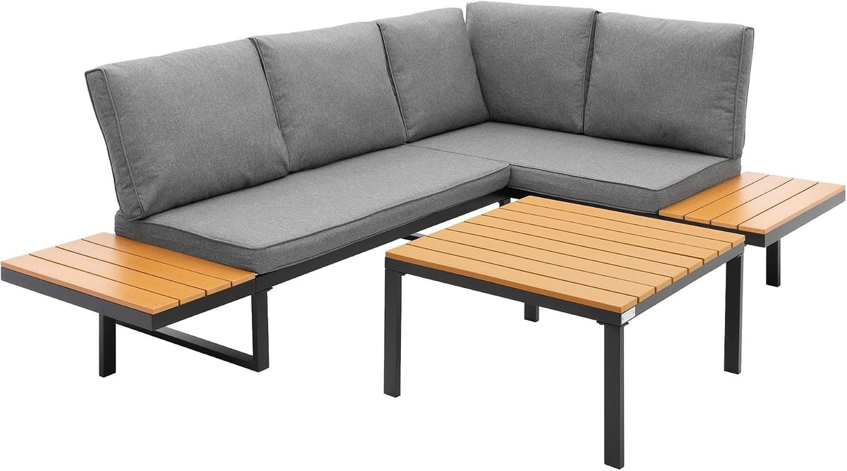 ML-Design Gartenmöbel Set 3 tlg, Terrassenmöbel mit Couchtisch & Kissen, Lounge Möbel Outdoor für Garten Terrasse & Balkon, Balkonmöbel Grau-Holzoptik
