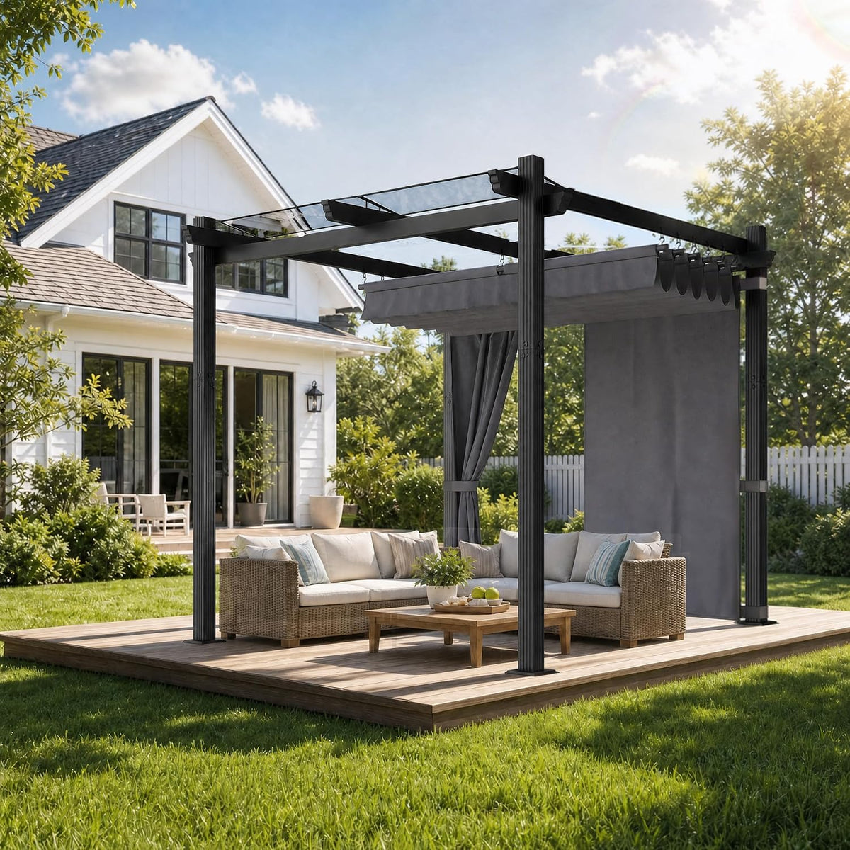 JUMMICO Aluminium Pergola Pavillon 3x3m wasserdicht stabil Winterfest, Gartenpavillon mit Schiebedach & Seitenwand, schützt vor Sonne, Regen, Grau
