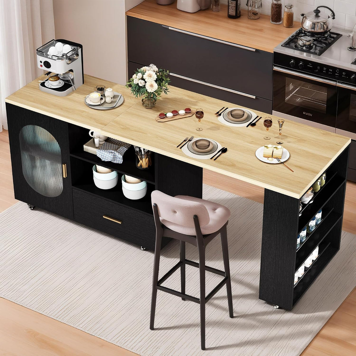 IBF Schwarz 184 cm Moderne Mobile Kücheninsel Freistehend