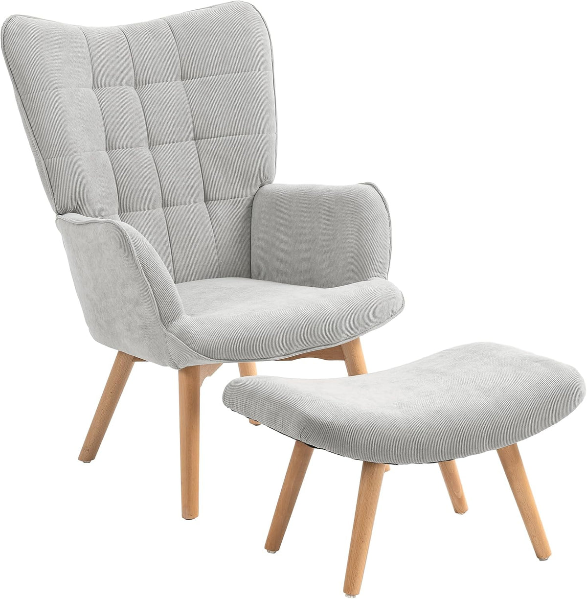 HOMCOM Ohrensessel mit Hocker Sessel mit Cordoptik für Wohnzimmer Grau
