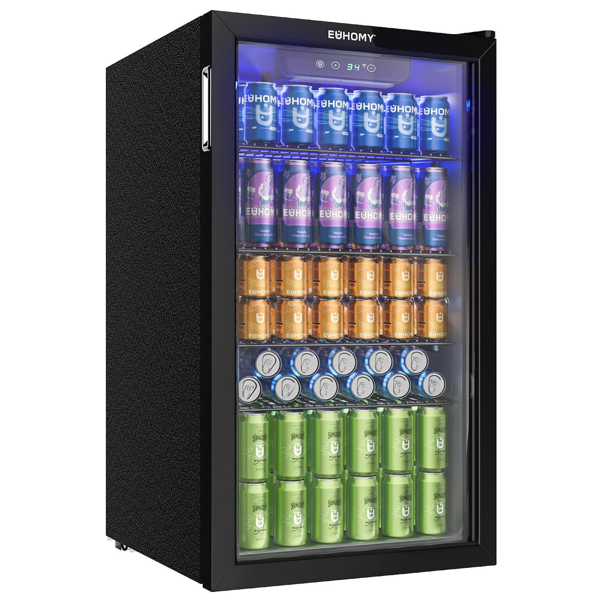 EUHOMY 90L Getränkekühlschrank, Mini-Kühlschrank für 126 Dosen mit Glastür, kleiner Kühlschrank mit verstellbaren Regalen für Limonade, Bier oder Wein