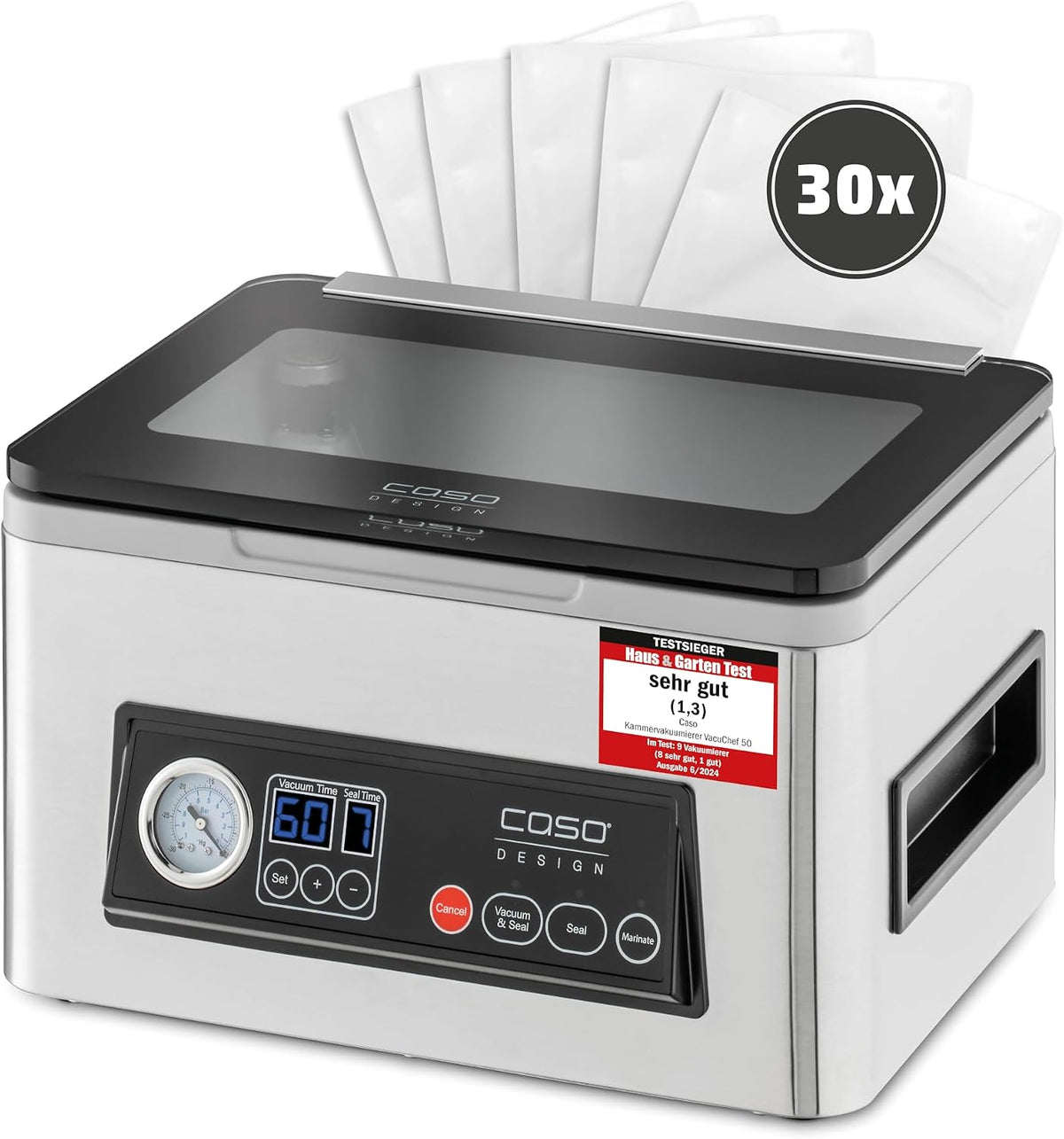 CASO VacuChef 50, 70 l/min, 4 l Kammervolumen, Testsieger Haus & Garten Test, doppelte Schweißnaht, inkl. 30 Siegelrandbeutel