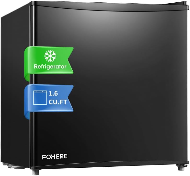 FOHERE Mini Fridge with Freezer, Energy Saving 7-Level Adjustable Thermostat Dorm Fridge, for Apartment, Black