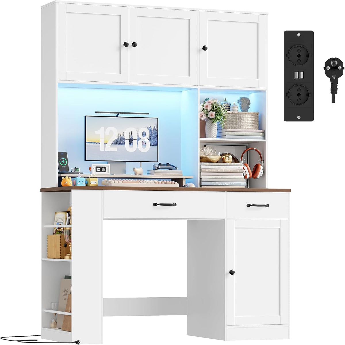 FirFurd 180cm hohe Schreibtisch, Computertisch mit LED & Steckdosenleiste