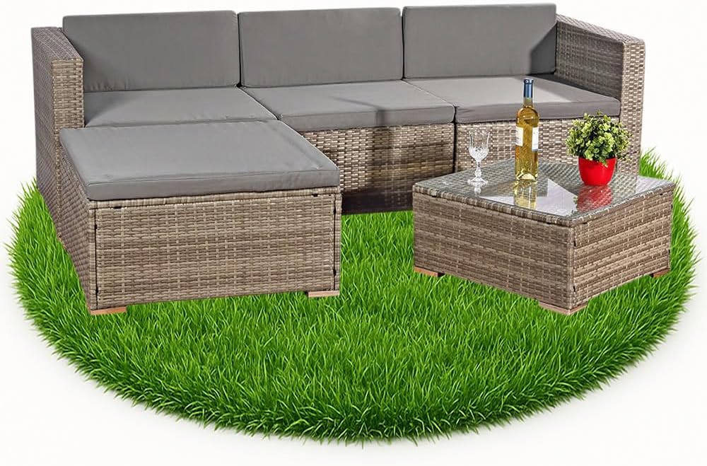 Melko Gartenmöbel Set Lounge Ecksofa mit Tisch und Hocker Polyrattan Grau