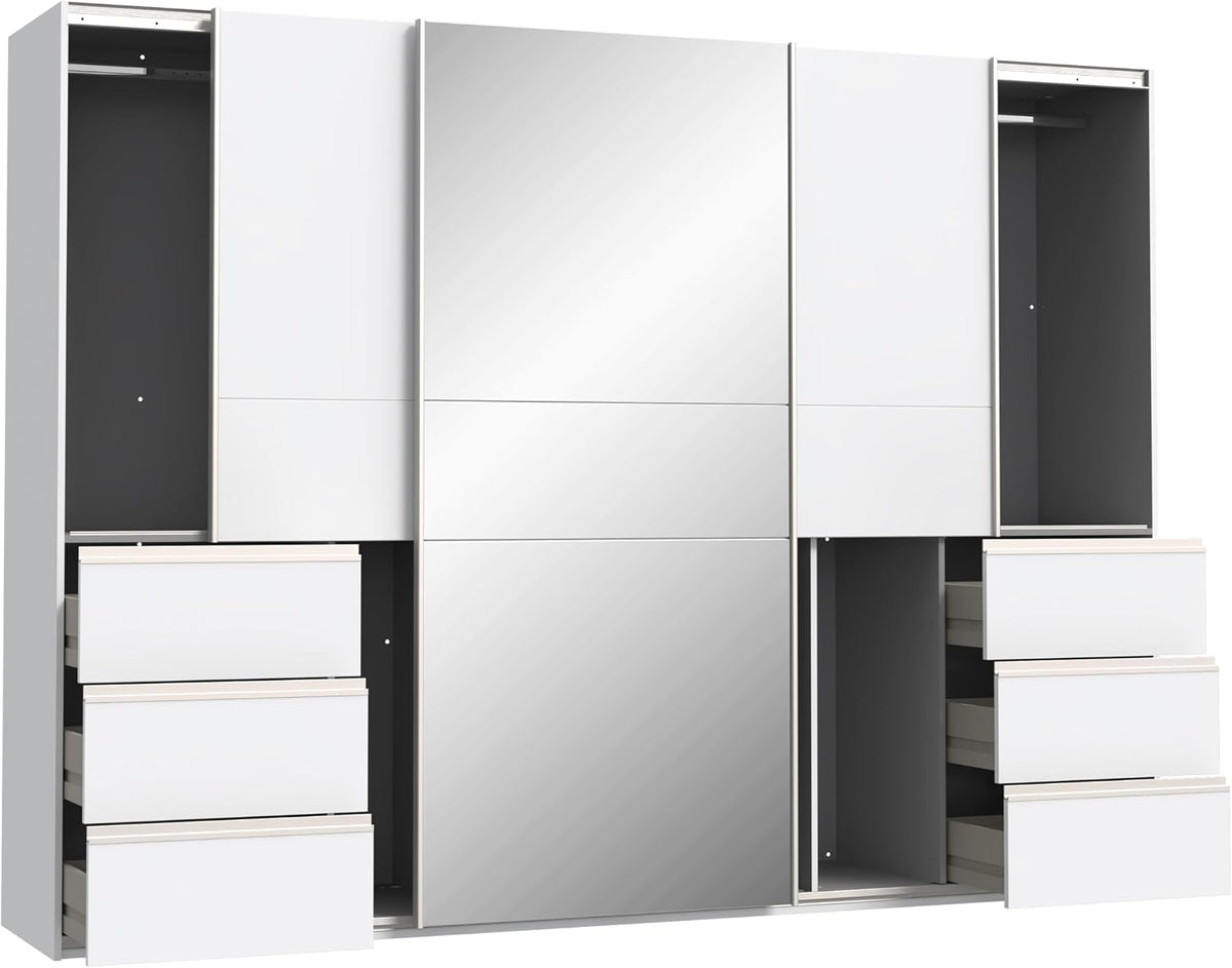 FORTE Winn 2 Schwebetürenschrank 270, moderner 2-türiger Schrank, Weiß mit Spiegel, 269,7 cm breit x 200,5 cm hoch x 61 cm tief, weißer Kleiderschrank