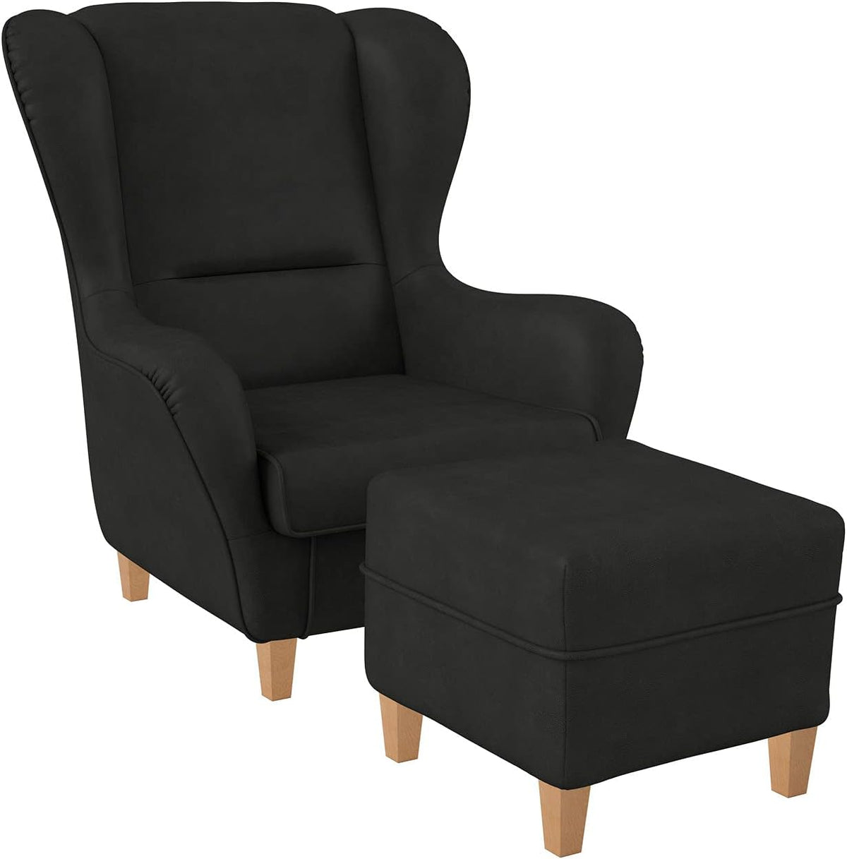 Sofia Ohrensessel mit Hocker Milano Kunstleder Anthrazit Buchenholz