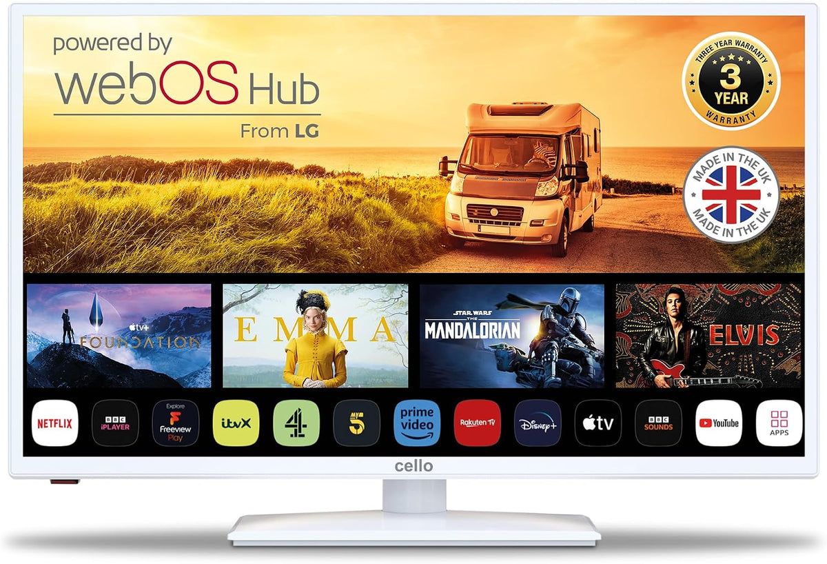 Cello White 12 Volt 32 Zoll Traveller Smart TV, Apple TV und DAZN für Wohnmobile, ultraschnelles WebOS, Bluetooth, Netflix, Wohnwagen und LKW