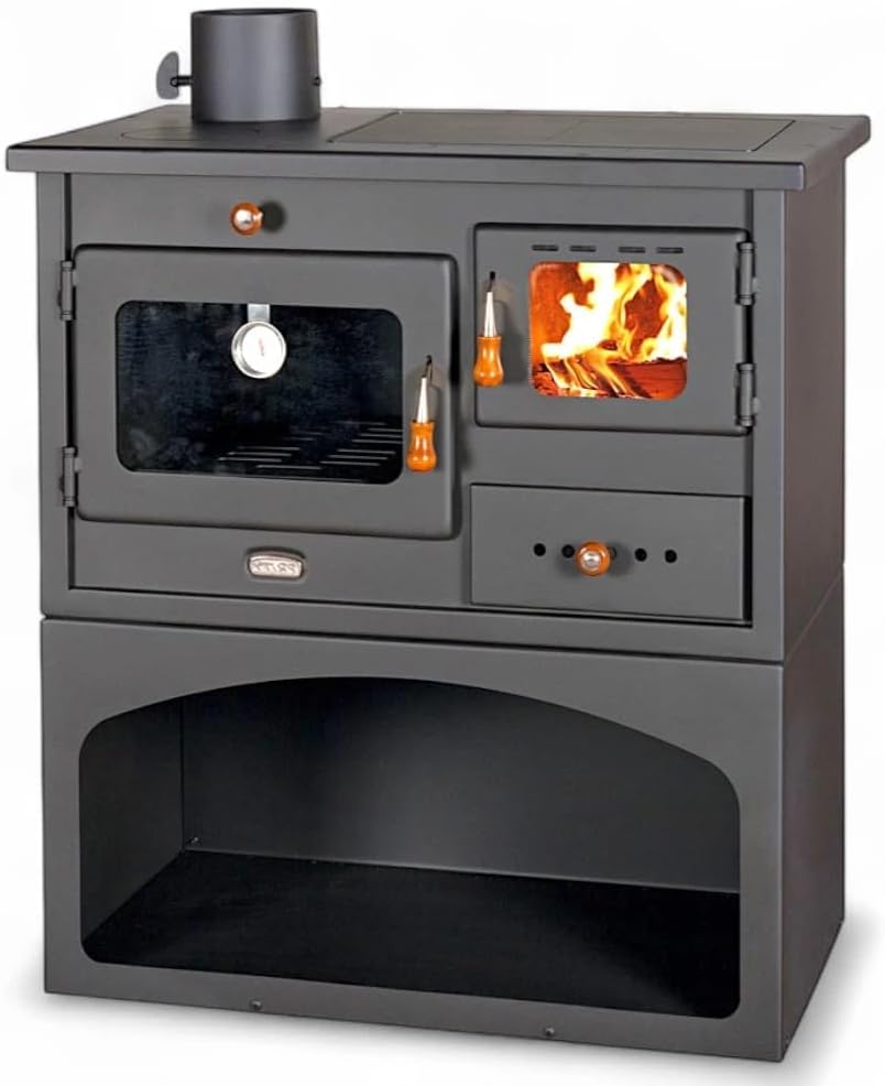 Prity 1P34 Holzofen mit Backofen, linksöffnend, Türscharnier links, Gusseisen-Oberseite, CE-zertifiziert, Festbrennstoffkocher