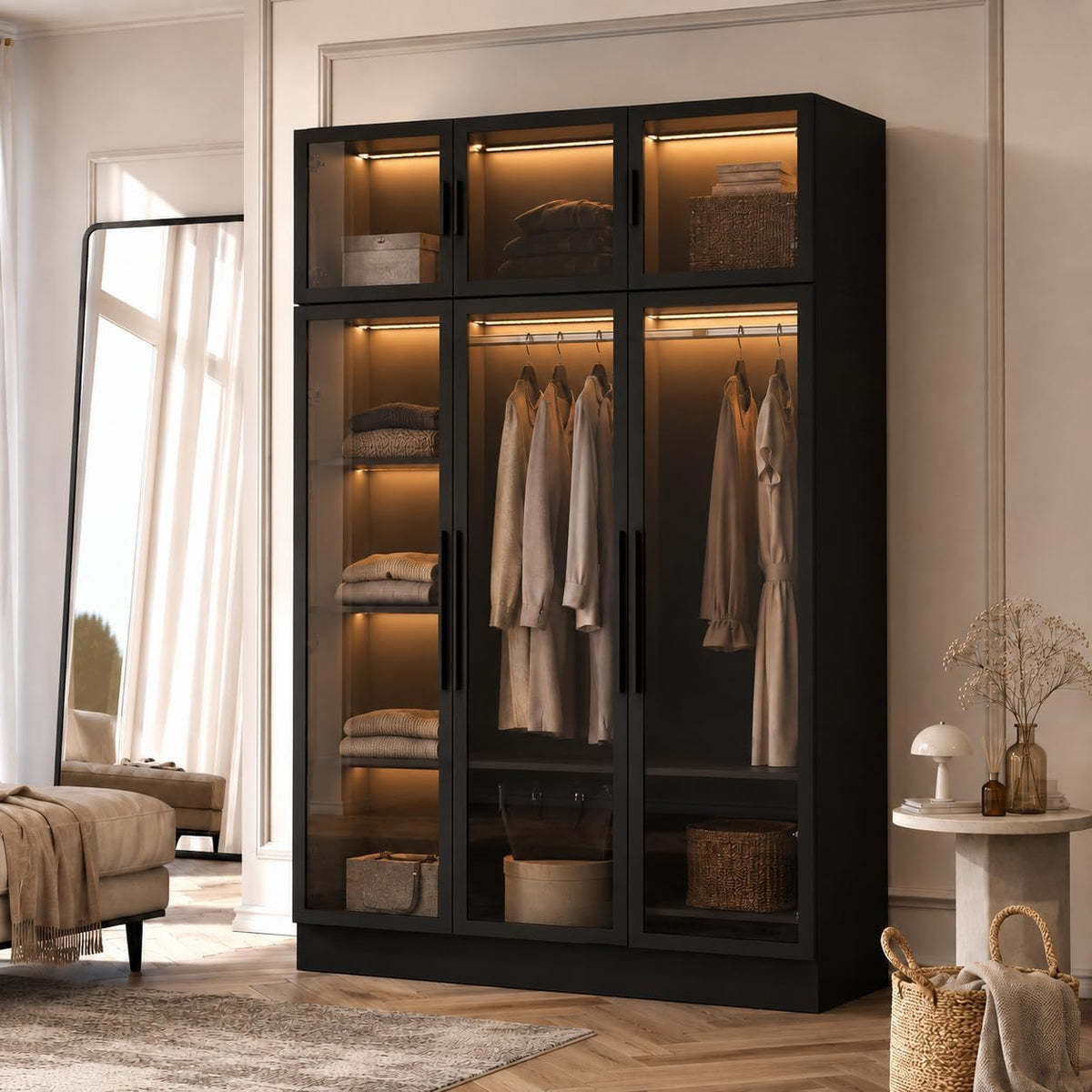Kleiderschrank mit LED Beleuchtung 120x49x190 cm Glas Türen