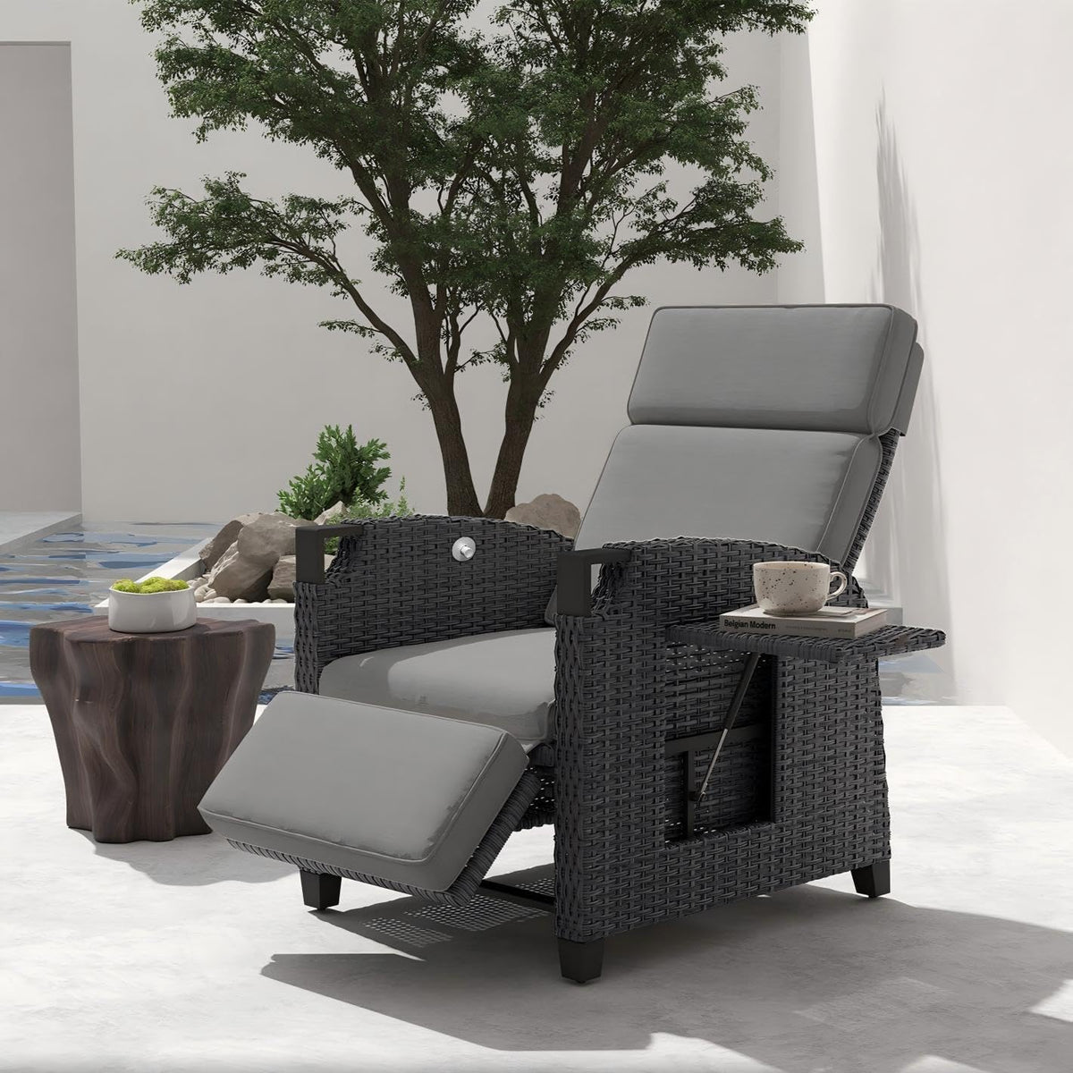 UDPATIO Liegesessel mit Sitzkissen Gartensessel Wetterfest 150° Verstellbare, Rückenlehne Rattan Sonnenliege mit Beistelltisch für Innen