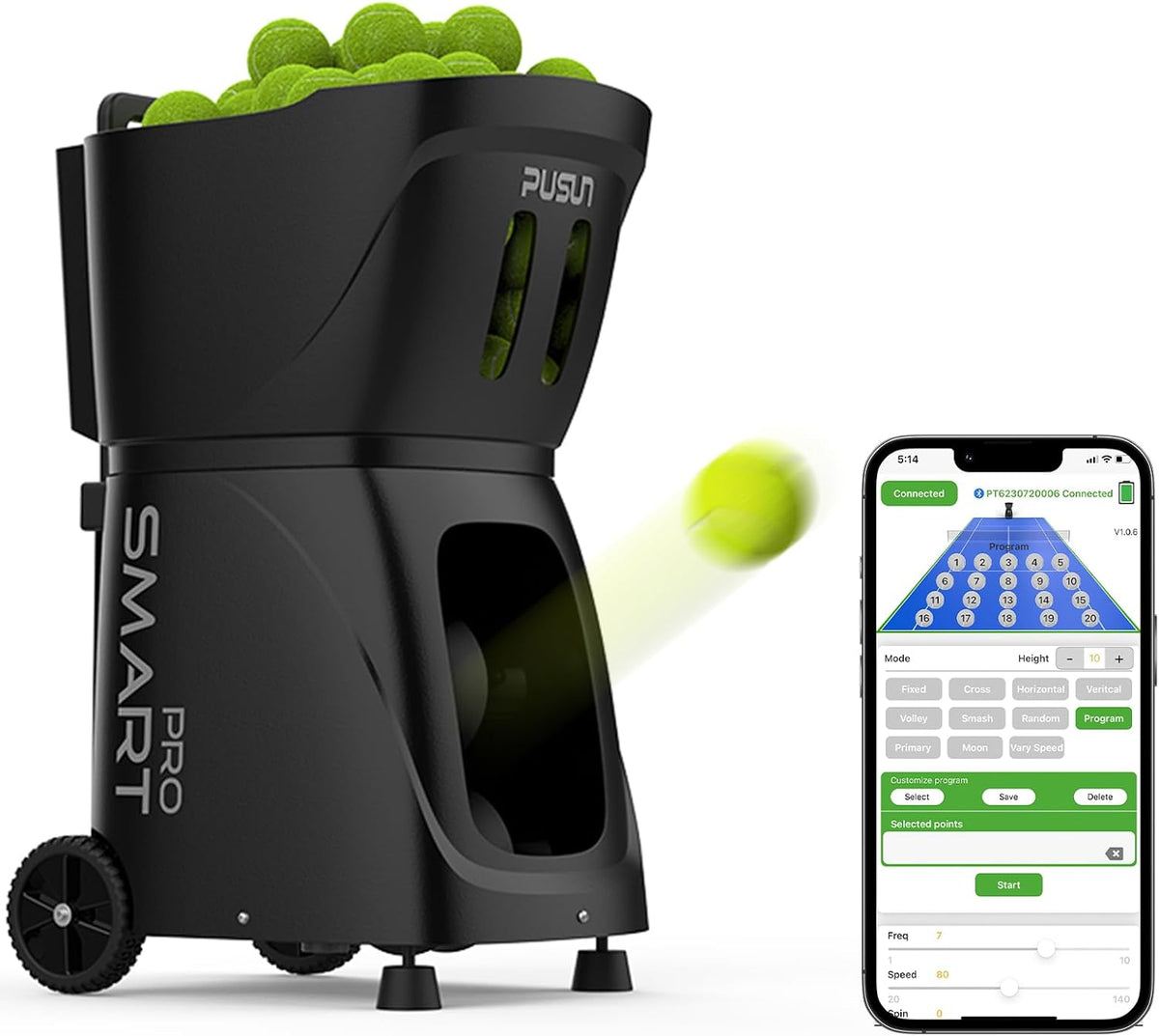 PT-Smart Pro Tennis- und Ballmaschine mit Fernbedienung, Trainingsgerät mit Schleuder, automatischer Anlasser, 12-75 km/h, Trainingsmaschine