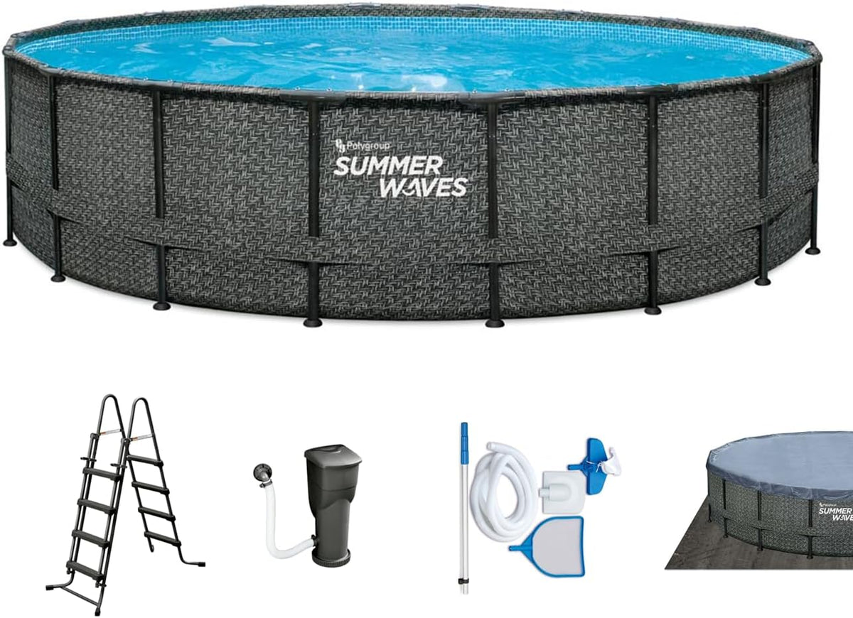 Summer Waves Frame Pool Komplettset, Rund 549x132 cm Rattan Optik Grau, Aufstellpool Set, Gartenpool & Schwimmbecken inkl. Filterpumpe, Bodenvlies