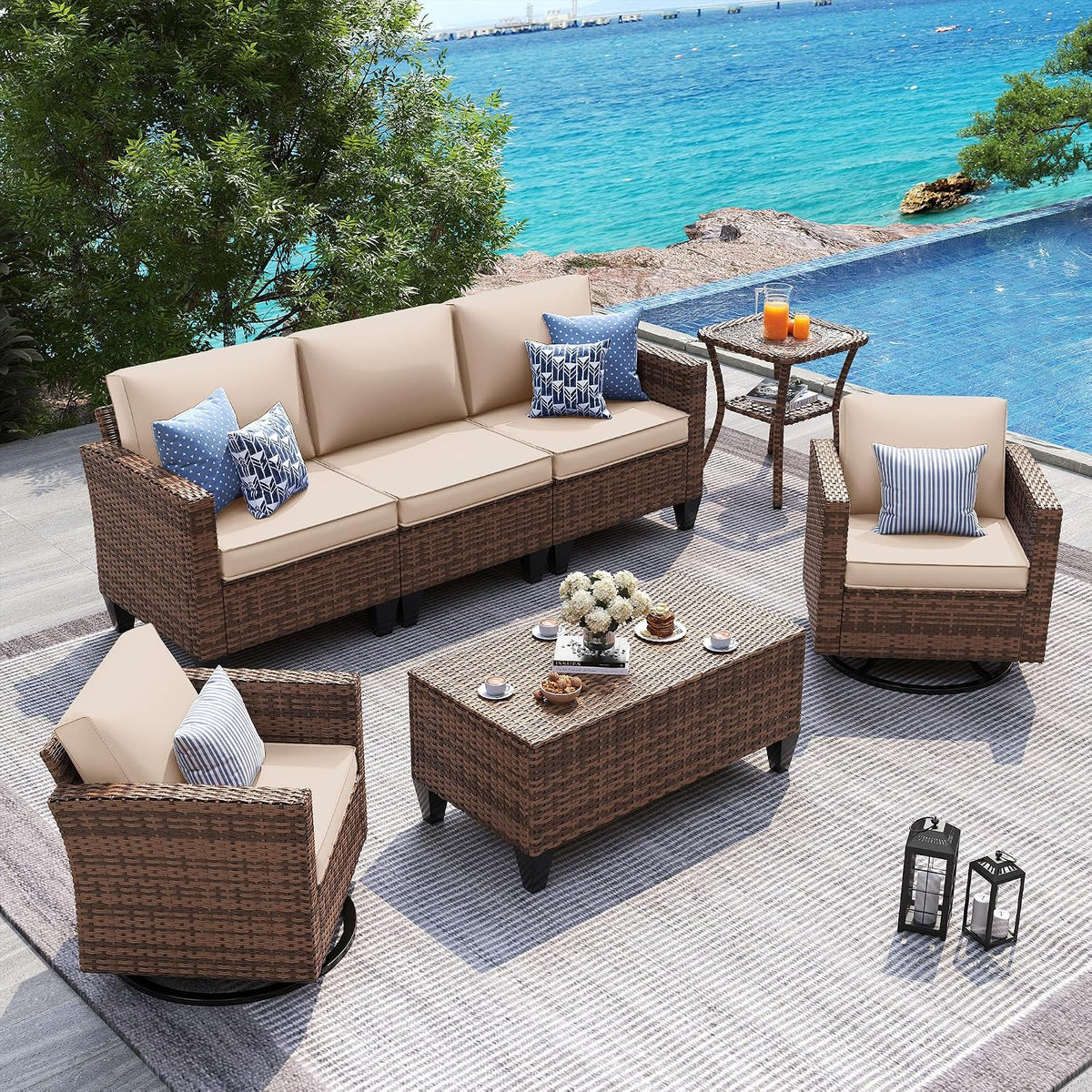 UDPATIO Patio Furniture Set, Wicker Rattan Outdoor Sofa Set with Storage Table and Waterproof Covers for Backyard, Deck, Porch, Khaki