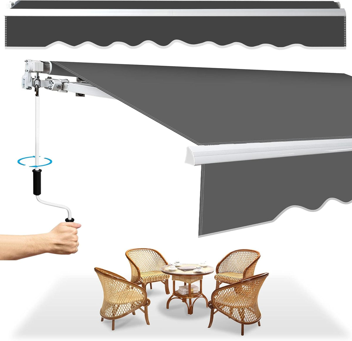 Herrselsam Gelenkarmmarkise Markise, 250x200cm Einziehbare Markise mit Handkurbel, Sonnenschutz Wasserschutz, Winkel einstellbar bis 30 Grad, Grau