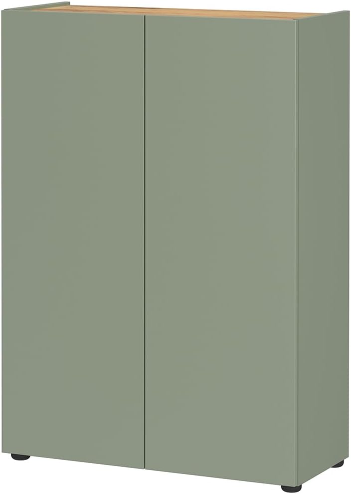 Lomadox Flur Schuhschrank 74 cm breit grün mit Eiche 2-türig grifflos für 12 Paar Schuhe Diele Flurmöbel Schuhkommode