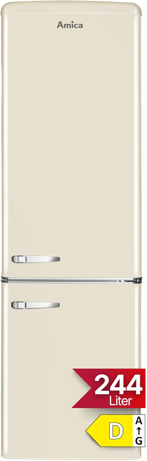 Amica Retro Kühlschrank freistehend mit Gefrierfach 244 l LED Beleuchtung Glasablagen Chrom Flaschengitter 181 x 55 x 62 cm Beige
