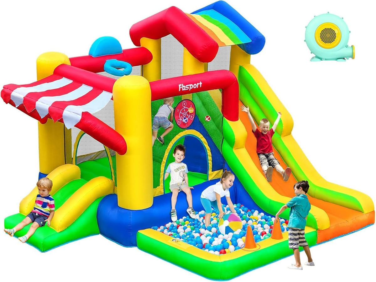 FBSPORT Hüpfburg für Kinder Indoor Outdoor mit Doppel Rutsche, Maximale Last 135KG, 322×305×208 cm, Trampolin, Bällebad, Kletterwand