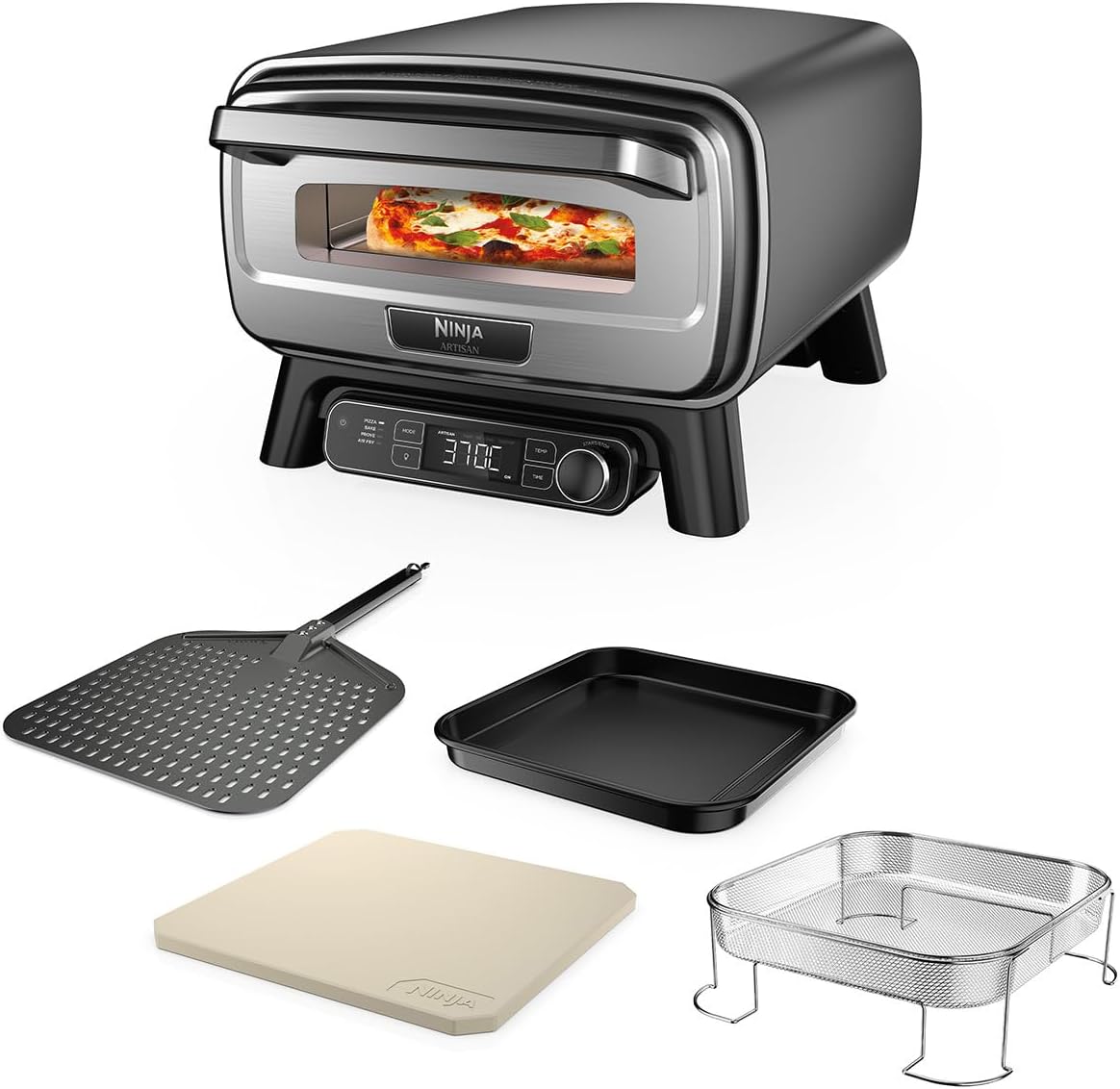 Ninja Artisan Outdoor-Pizzaofen und Heißluftfritteuse, Grau MO201EU, mit 30 cm Pizzastein, 4 Funktionen: Pizza, Air Fry, Bake, Prove, 5 Pizzaeinst.