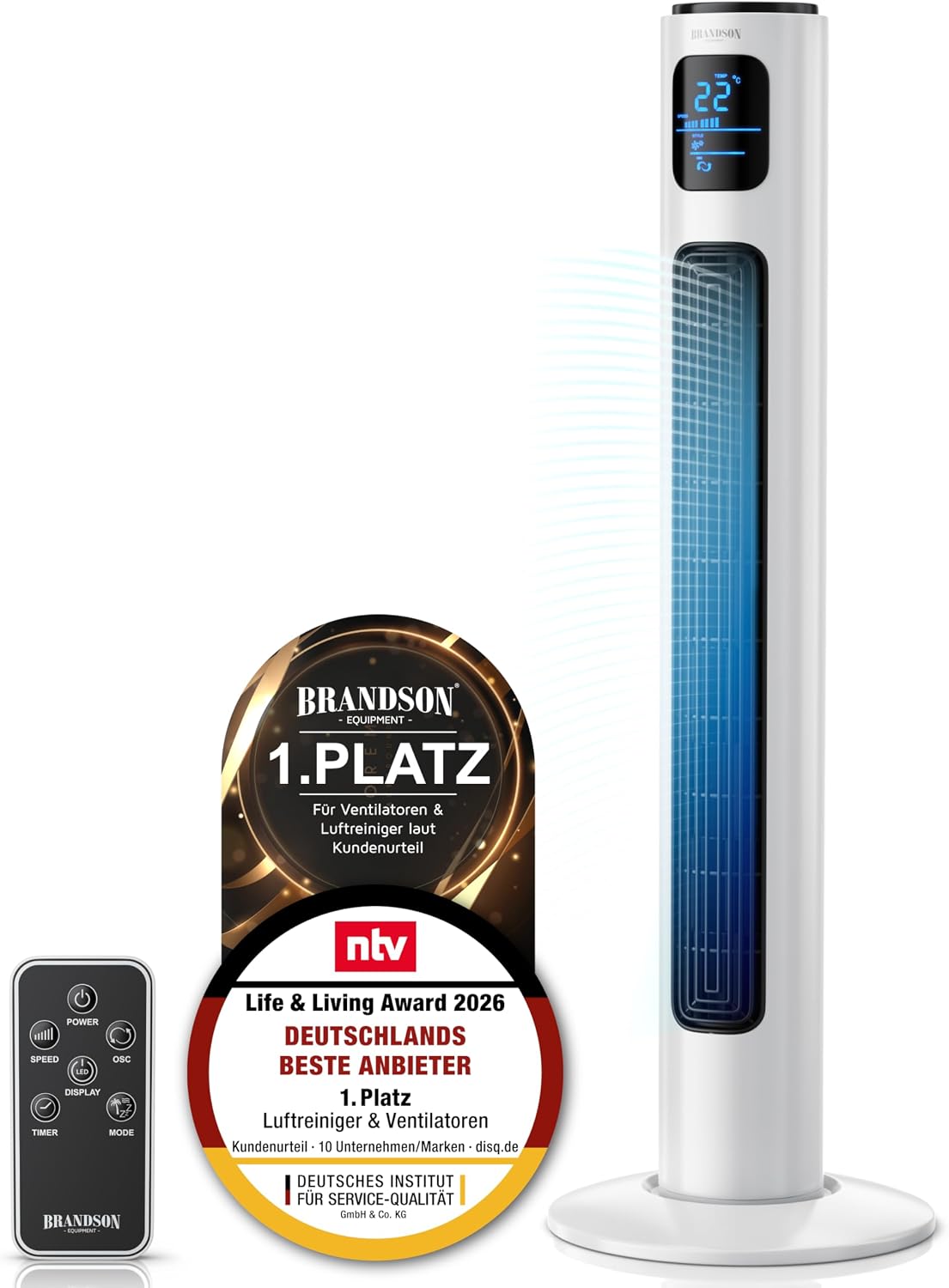 Brandson, Ventilator, Turmventilator mit Fernbedienung 96 cm, Standventilator mit Oszilation, Preisträger 2026, mobiler Lüfter leise, Timer, GS