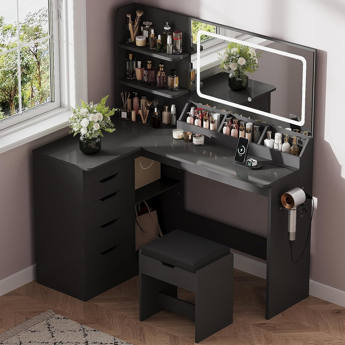 JUMMICO Schminktisch mit Spiegel und Licht, Eck Schminktisch L Hocker mit Beleuchtung LED 3 Farben, Schwarz