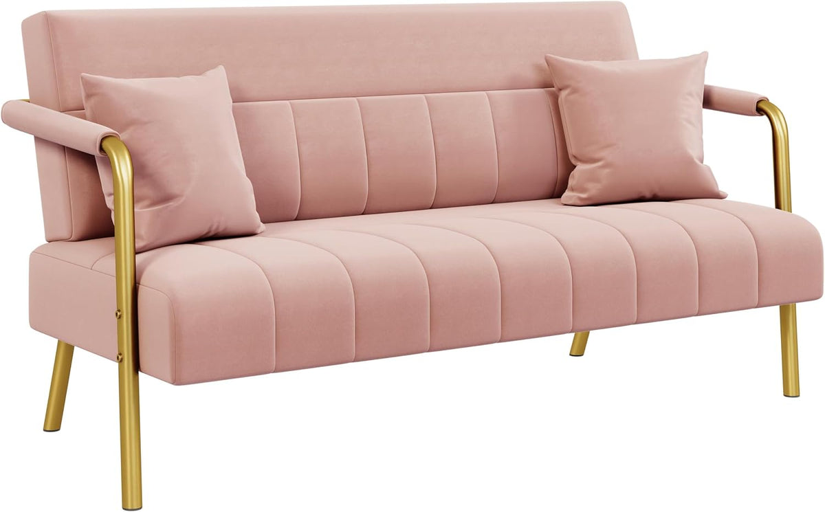 Yaheetech Polstersofa mit Armlehnen & Beine aus Metall Modernes Zweisitzer-Sofa mit 2 Lendenkissen Loveseat fürs fürs Wohnzimmer, Heimbüro Rosa